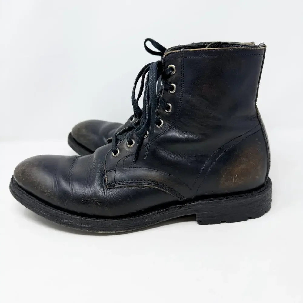 Frye Black/Brown Distressed Leather Lace Up Boots Men's Size 9.5 Made in Mexico
